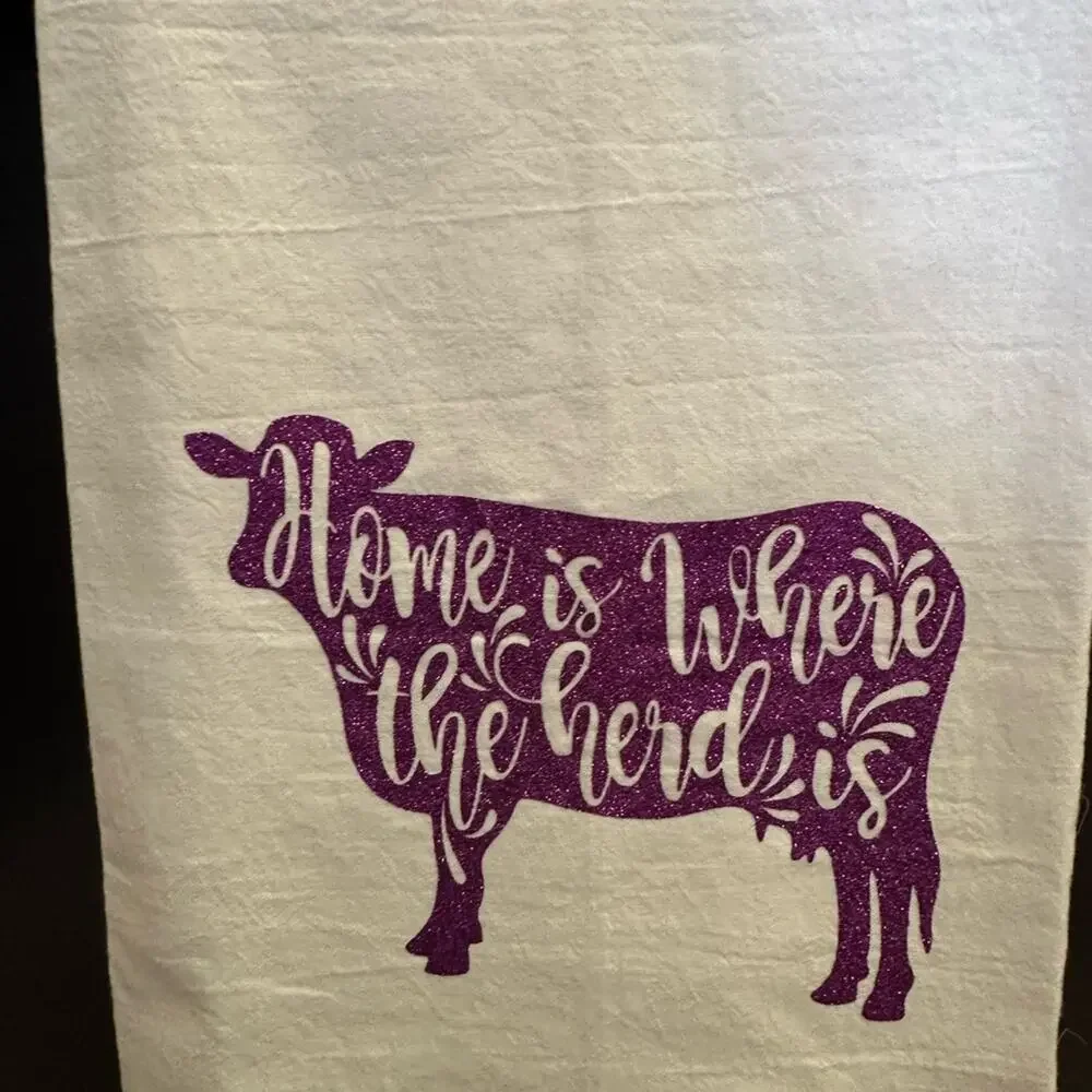 Handmade Custom Flower Sack Towel HTV Purple Cow Home is Where the Herd Is